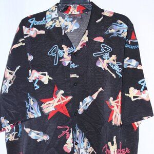 Fender DaVinci Shirt Mens Extra Large Black Button Up Hawaiian Pinup Guitars AOP
